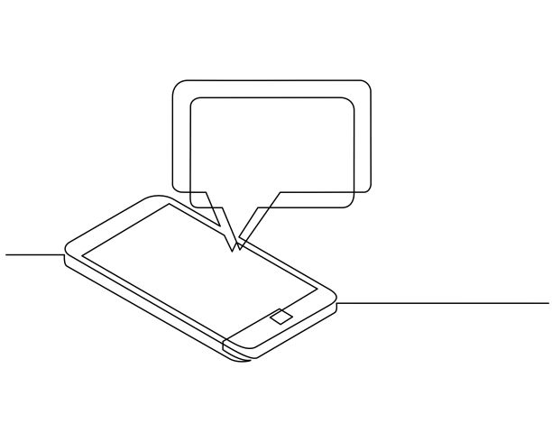 智能手机上聊天信息的连续线条绘制。手机聊天，人们发手机短信和短信泡泡短信手机屏幕上，对话平面插图。向量图片下载