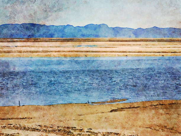 低潮海景地平线的水彩画图片下载