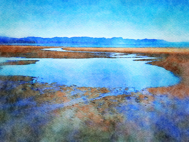 低潮海景地平线的水彩画图片下载