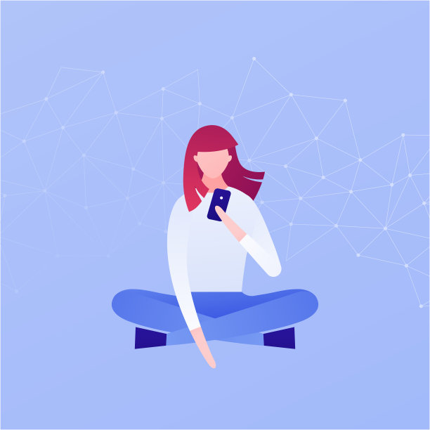 矢量现代平板移动通信字符插图。年轻女子拿着智能手机在低聚背景。概念网络人与人的联系。设计元素的旗帜，海报，网页。图片下载