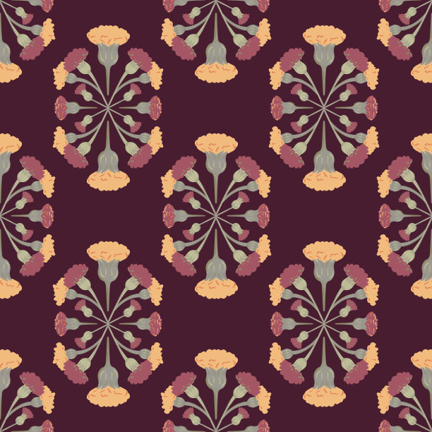 矢量手绘草地花对称设计在波尔多无缝图案背景。图片下载