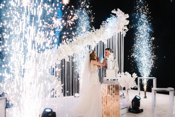 新娘和新郎正在切和吃婚礼蛋糕。手用鲜花切蛋糕。新婚不久的拱门。夜晚的仪式有灯光和烟花。火表演。图片下载