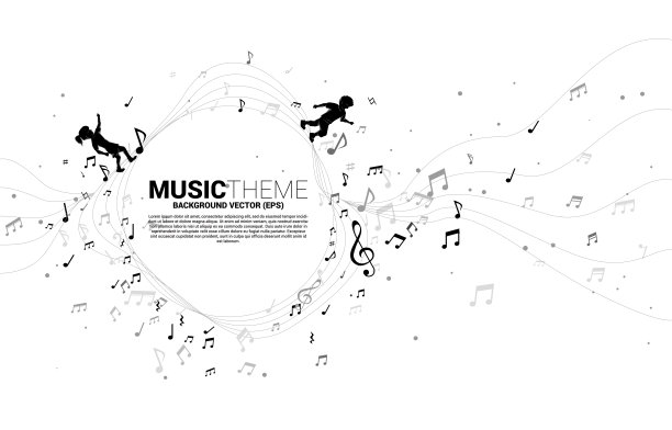 矢量剪影的男孩和女孩跑与跳舞圈流形音乐音符。图片下载