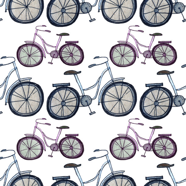 无缝模式手绘复古自行车孤立在白色背景图片下载
