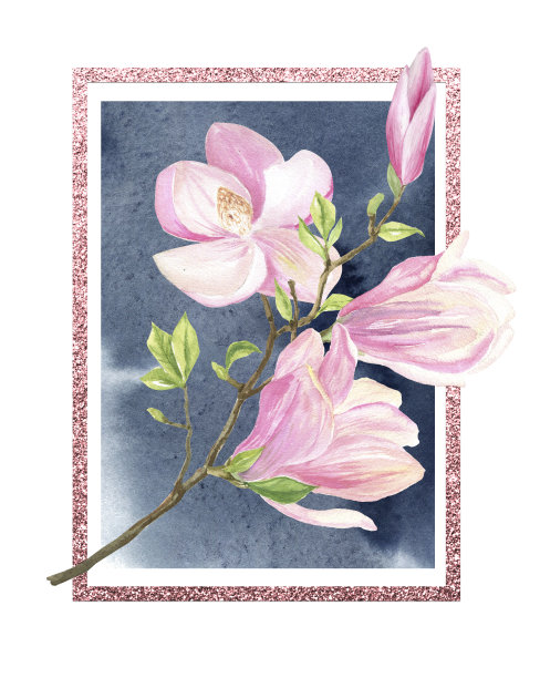 完成的图像，一个玫瑰金框架与粉红色木兰花在一个深蓝色的背景，水彩图片下载