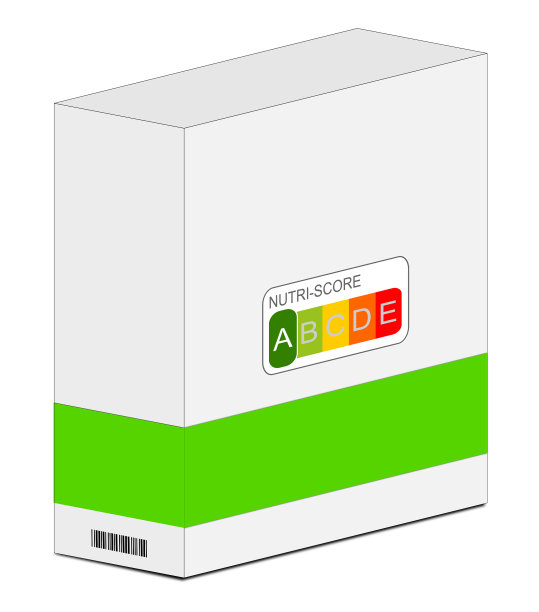 营养评分标签A在纸盒上，5色营养标签- 3D插图图片下载