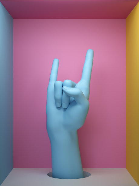 3d渲染，蓝色女性手部摇滚手势，方形盒子内粉色背景上隔离的人体模型身体部分，商店展示，现代简约时尚概念图片下载