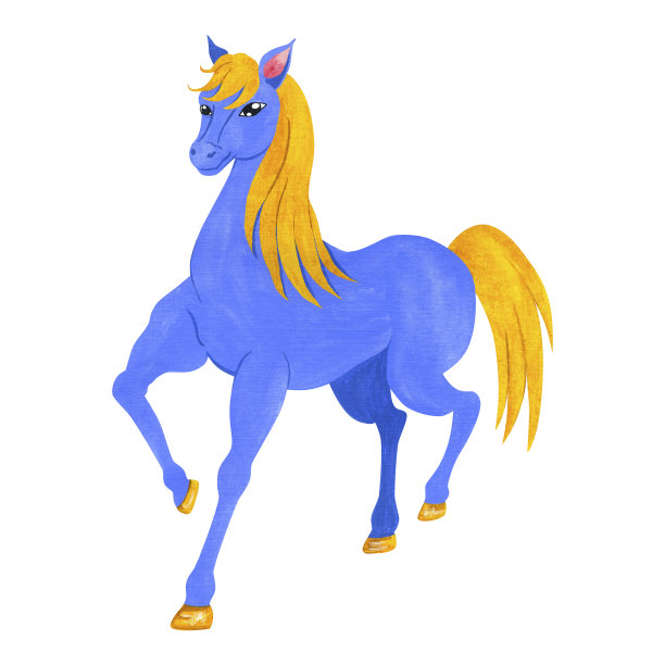 水彩画程式化的蓝色马与黄色的鬃毛。为方便使用，在白色背景上绘制。适合设计和印刷的明信片，t恤，书籍和更多。图片下载