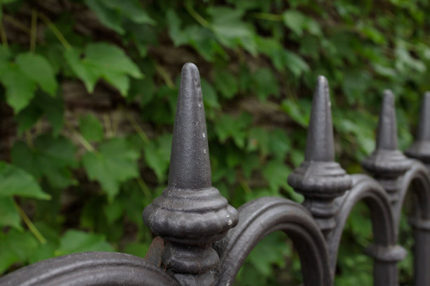 铁艺栅栏的顶端，后面是绿叶。图片下载