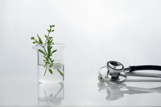 听诊器、自然植物和烧杯在白色临床健康背景上图片下载