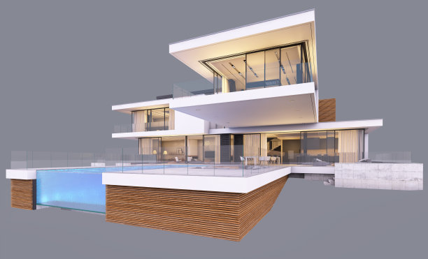 河边现代住宅的3d渲染，在晚上被孤立在灰色。图片下载