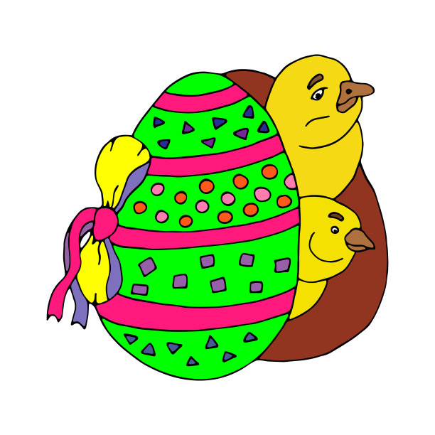 复活节画彩蛋和好奇的小鸡。手绘向量。明亮的插图孤立在白色背景。图片下载
