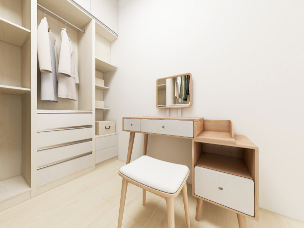 3D效果图，优雅宽敞的现代公寓卧室设计，大床旁边的大衣柜，配有梳妆台和绿色植物图片下载