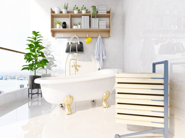 3D效果图，城市住宅的露天外阳台设计，搭配花草、休闲桌椅、浴缸等装饰。图片下载