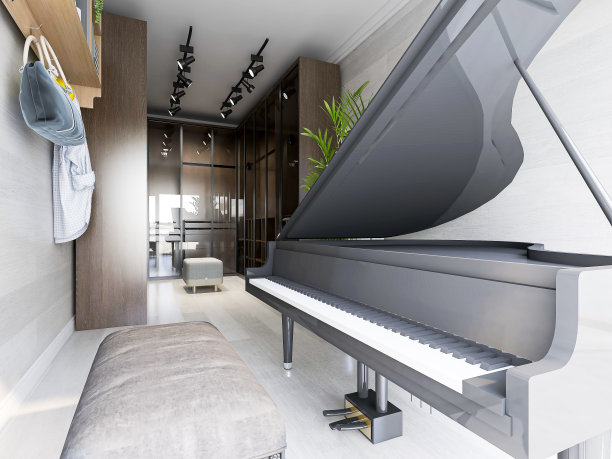 卧室里有衣帽间、钢琴和绿色植物。从落地窗射进来的阳光很干净。图片下载