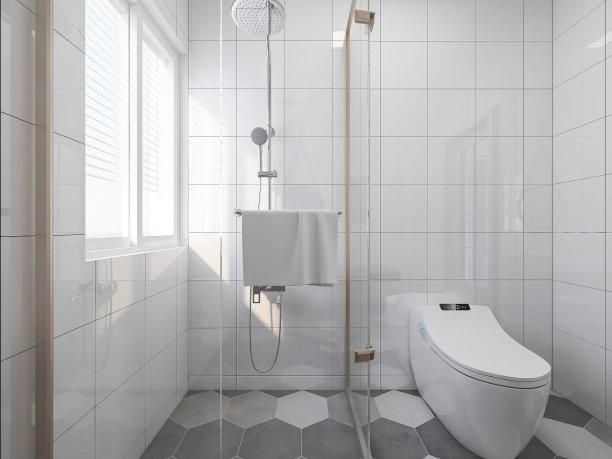 3D效果图，洁净现代住宅浴室及卫生间设计，配备盥洗台、卫生间、淋浴设备等。图片下载