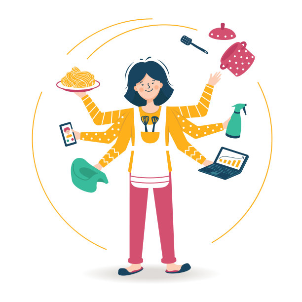 超级妈妈。家庭主妇会同时做很多事情，同时处理各种事情。女人打扫房间，做饭，接电话，用电脑工作图片下载