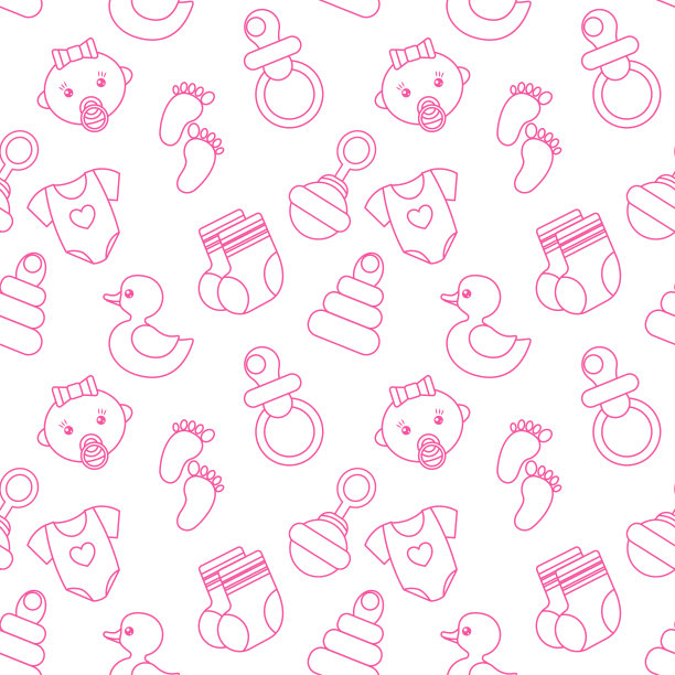 宝宝淋浴无缝图案可爱的小女孩，袜子，奶嘴，玩具鸭子，足迹，运动服，金字塔和豆袋。婴儿用品和衣服的印刷设计图片下载