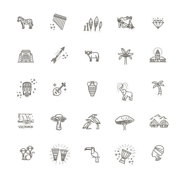 非洲丛林民族文化旅游图标设置轮廓孤立矢量插图图片下载