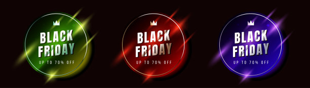 一套黑色星期五销售矢量插图与圆形框架和文字在不同的颜色背景与闪亮的火花。图片下载