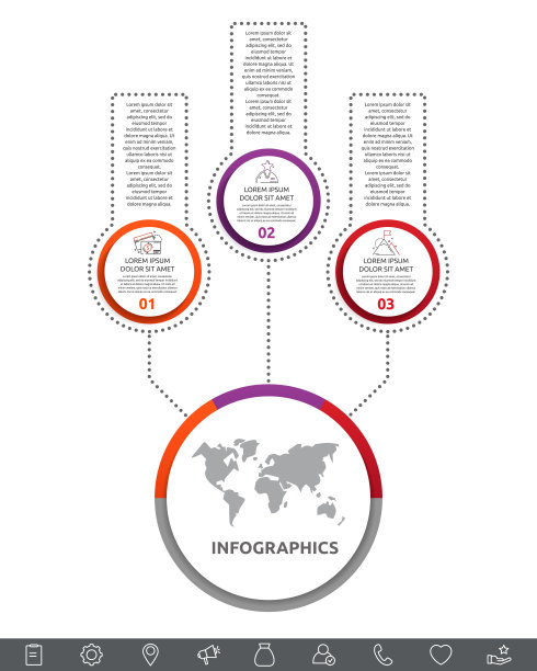 矢量信息图与主圆圈和3标签。圆圈与图标的三个图表，图表，流程图，时间轴，工作流，web图片下载