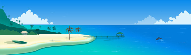 景观全景。热带天堂。海岸在一个阳光明媚的日子。海岸边有棕榈树，黄沙上有小船，远处有小屋。码头。平静的海面上，一只海豚浮出水面。向量图片下载