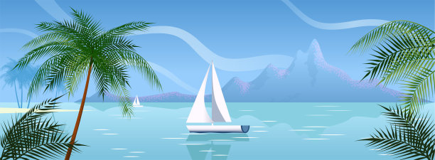 白色游艇，一个热带岛屿包围的海洋。阳光明媚的日子，宁静的海景。海岸边有棕榈树。矢量插图。没有人。图片下载