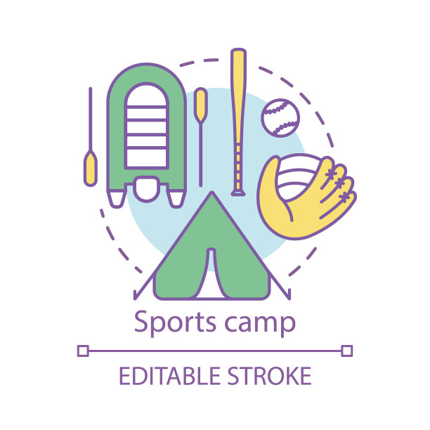 运动营概念图标。夏季活跃竞技俱乐部，度假胜地构思细线插画。以体育、健康为导向的社区。矢量孤立轮廓绘制。可编辑的中风图片下载