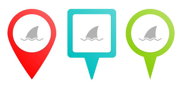 大海、鲨鱼、业务。多色引脚矢量图标，不同类型的地图和导航点。图片下载