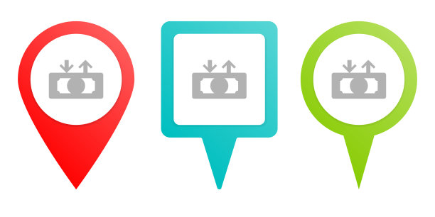 兑现，兑现，钱。多色引脚矢量图标，不同类型的地图和导航点。图片下载