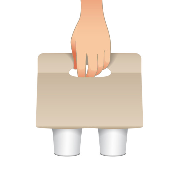 咖啡杯纸杯和人手的纸盒支架。矢量纸包装持有人模型。硬纸板咖啡杯架外卖图片下载