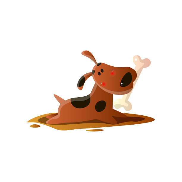 棕色卡通狗衔着骨头在嘴里孤立的白色背景图片下载