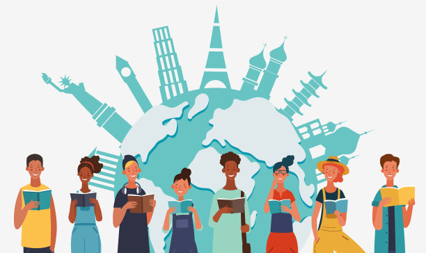 年轻人一起读书。回到学校，学习，学习知识和教育向量的概念。世界地图背景图片下载