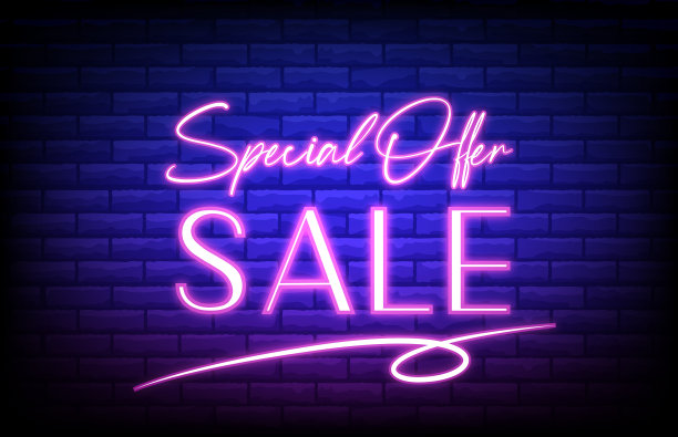 抽象背景的特别优惠霓虹灯与砖墙图片下载