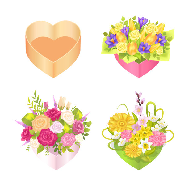 四个彩色盒子与心的形状，颜色卡图片下载