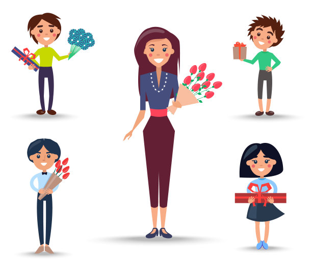 带玫瑰的女人和带礼物的孩子图片下载