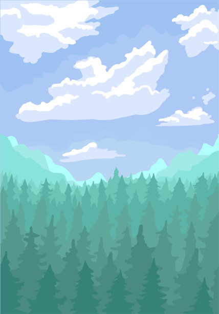 山水，山川松林，蓝天白云。矢量平面背景插图。图片下载