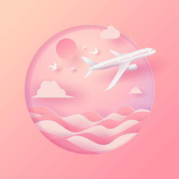 矢量纸艺术和景观，数字工艺风格的旅行和飞机在空中飞行。图片下载