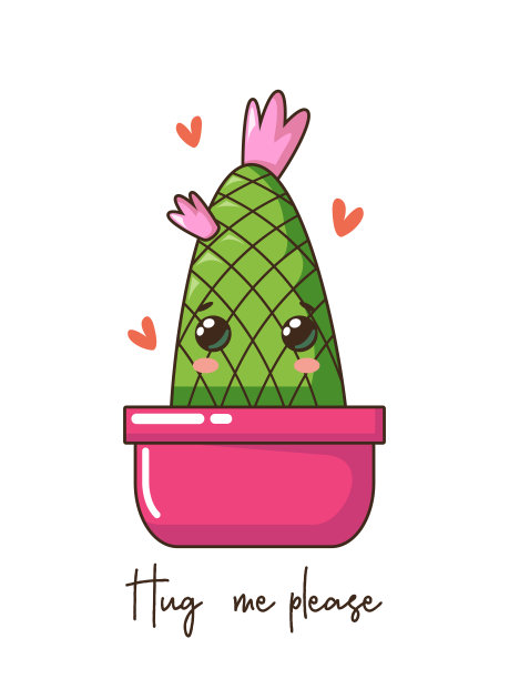 可爱的卡通卡哇伊仙人掌与微笑的脸在花盆，皇冠花和引用。矢量手绘插画，时尚标语图片下载