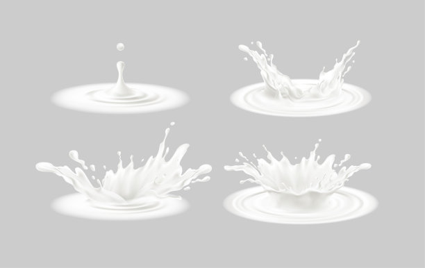 一套逼真的溅牛奶孤立在灰色背景。3d逼真的白色液体皇冠。矢量图图片下载