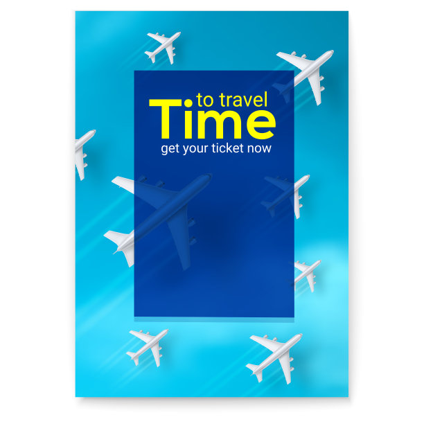 飞机在蓝天的背景下飞行。时间旅行，广告海报。一套逼真的3d飞机。矢量插图,eps10图片下载