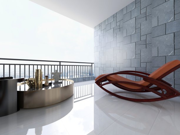 三维效果图，城市住宅室外阳台设计，配备花卉、休闲桌椅等装饰。图片下载