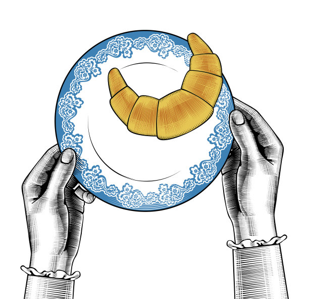 女人的手拿着一个装有黄色牛角面包的盘子图片下载