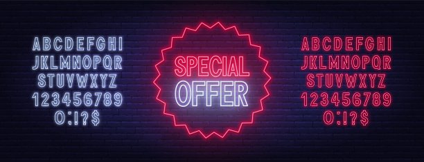 砖墙背景上的霓虹灯特别优惠。图片下载