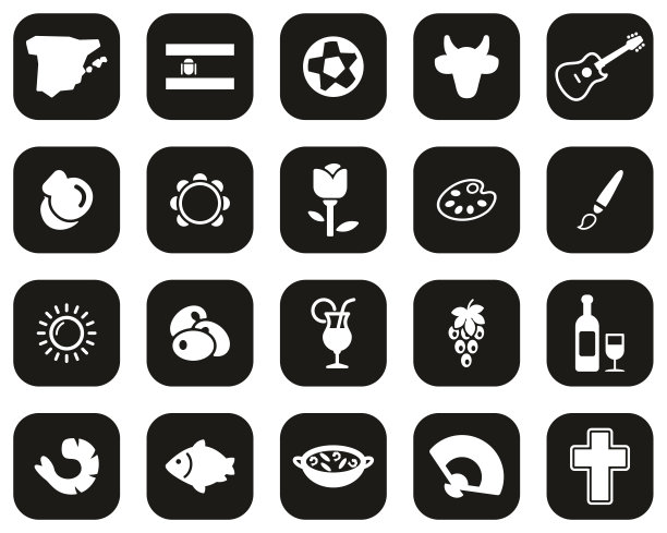 西班牙国家和文化图标白色在黑色的平面设计设置大图片下载