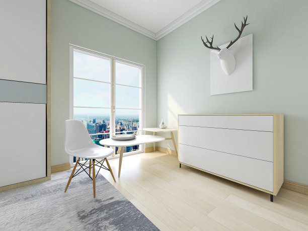 现代公寓的卧室设计优雅宽敞，大床旁边有一个大衣帽间，还有一个水桶柜和绿色植物。图片下载