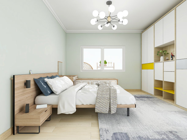 现代公寓的卧室设计优雅宽敞，大床旁边有一个大衣帽间，还有一个水桶柜和绿色植物。图片下载