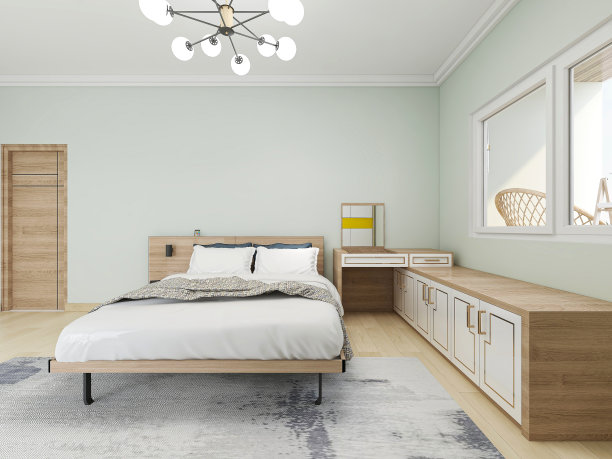 现代公寓的卧室设计优雅宽敞，大床旁边有一个大衣帽间，还有一个水桶柜和绿色植物。图片下载