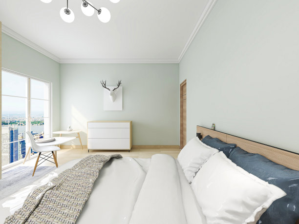 现代公寓的卧室设计优雅宽敞，大床旁边有一个大衣帽间，还有一个水桶柜和绿色植物。图片下载