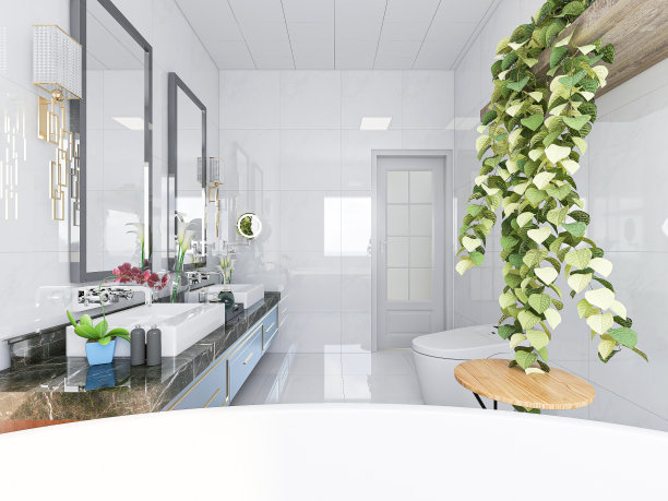 D效果图，现代住宅洁净浴室设计，配有洗手盆、镜子、马桶、淋浴设备和浴缸，阳光从落地窗照射进来。图片下载